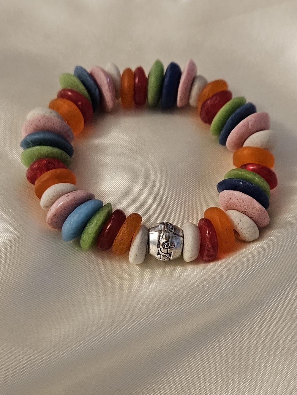 Colorful Handmade Ashanti Disc Beaded Stretch Bracelet with Silver Accent